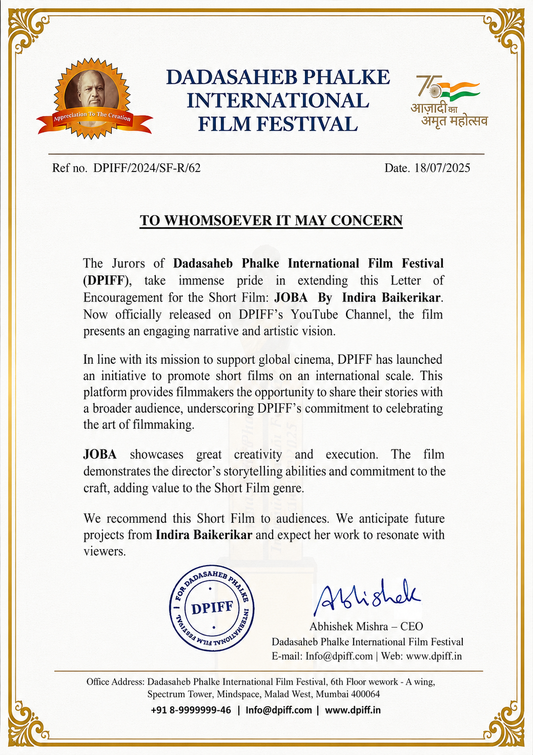 Dadasaheb Phalke International Film Festival Letter of Encouragement for the short film JOBA